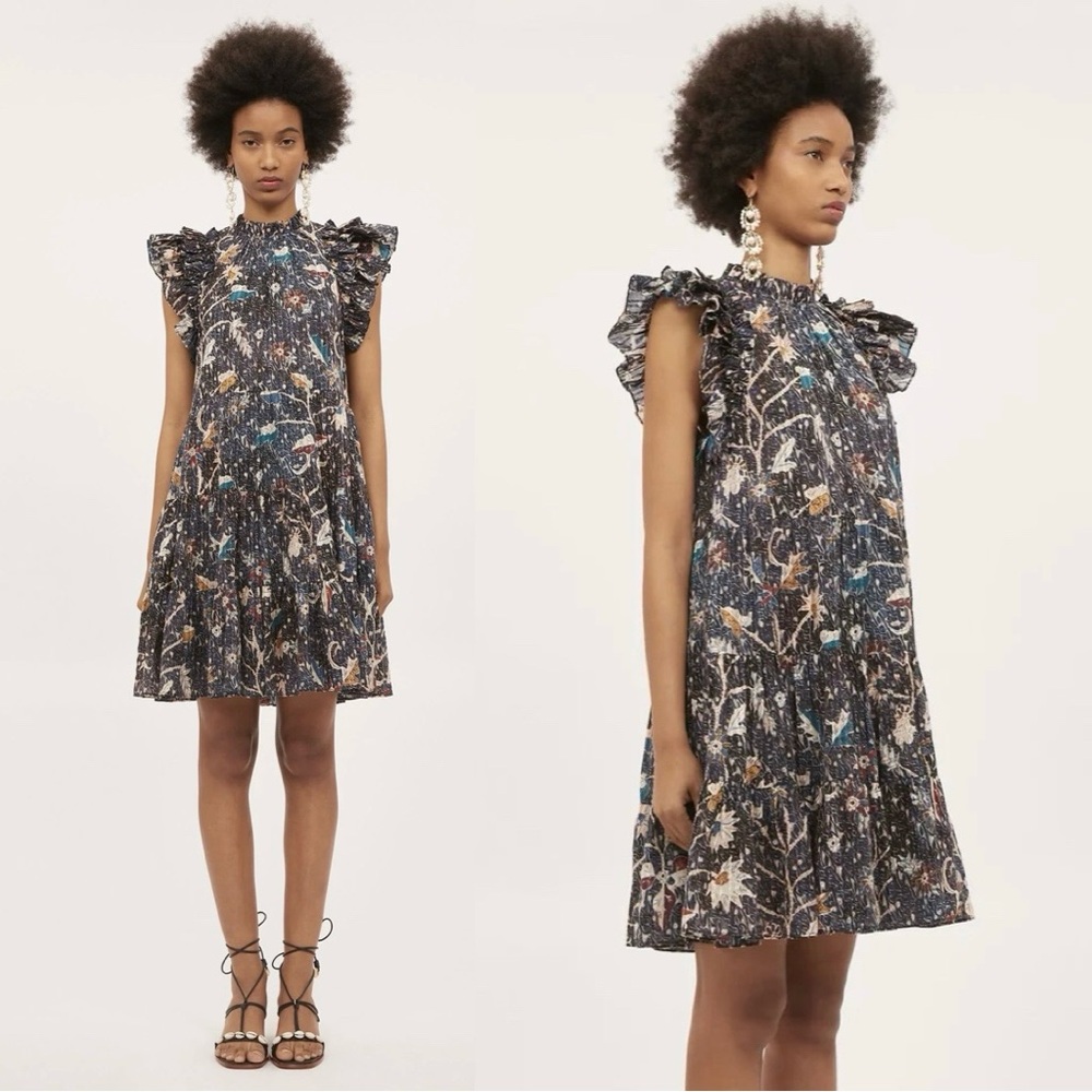 Ulla Johnson Denia Floral Dress 8 Black Cotton Tiered Ruffle Flutter Sleeve